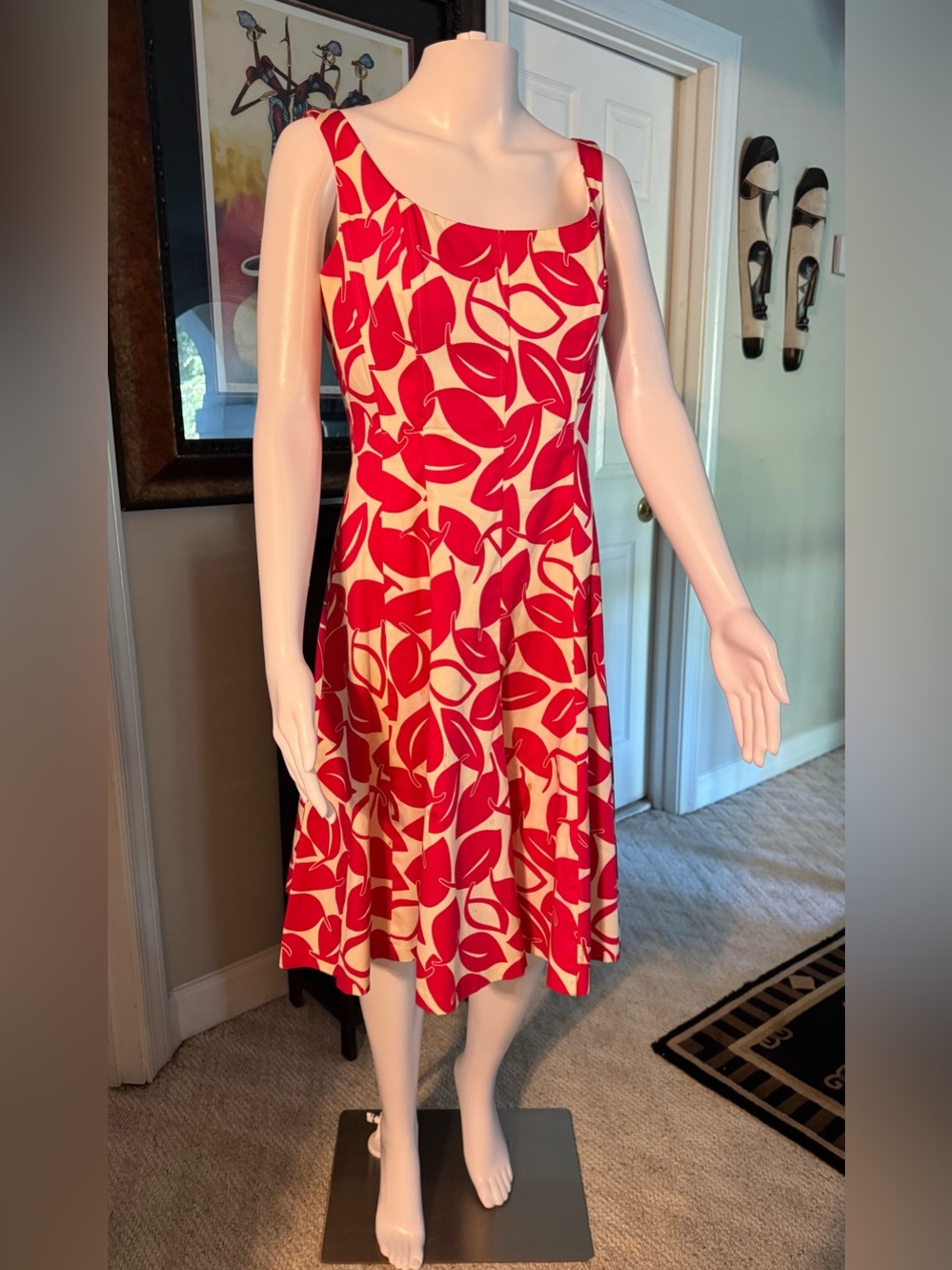 Nine West Red Leaf-Print Sleeveless A-Line Dress